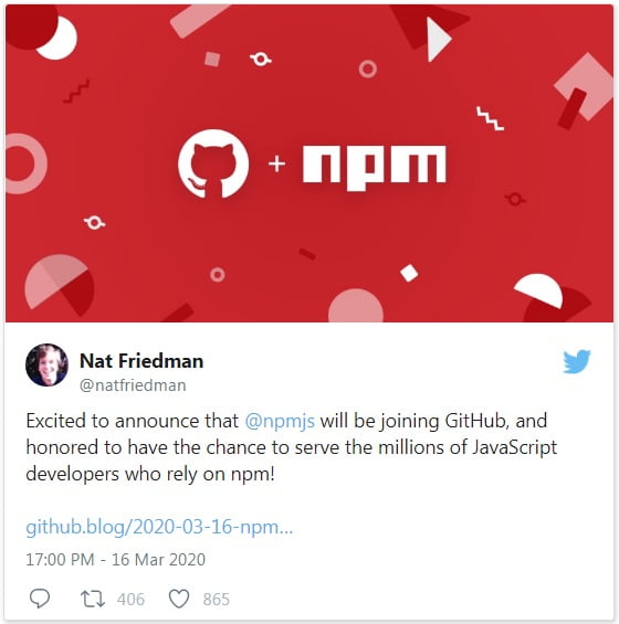 Nat Friedman 宣布 GitHub 已正式收购 npm