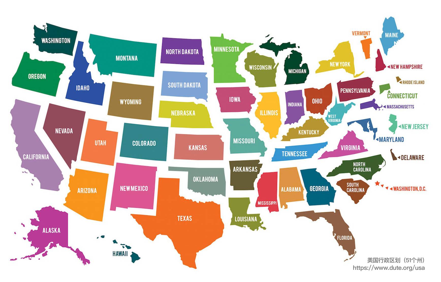 美国地图，美国 51 个州行政区划